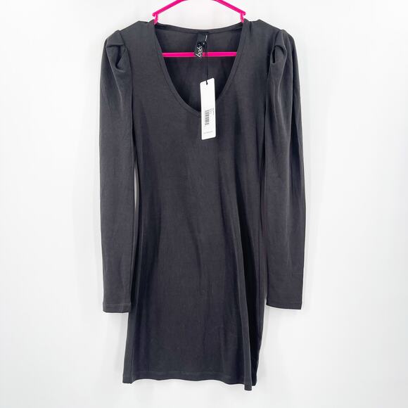 BOBI LOS ANGELES Dress Size Small Gray NWT Mini Long Sleeve Puff V-Neck Ribbed - Picture 1 of 11